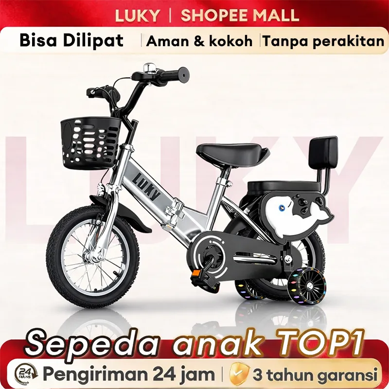 LUKY Sepeda Anak Sepeda Unisex Lipat Sesuai 2-12 Tahun Ringan Roda Bantu Ban Karet Aman