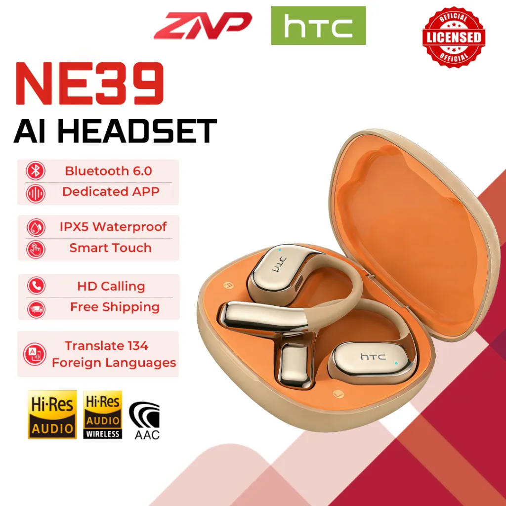 HTC NE39 TWS Open Ear Bluetooth Earphone V6.0 AI Translate 134 Bahasa IPX5 Waterproof Sport Earhook Wireless Noise Cancelling Headset