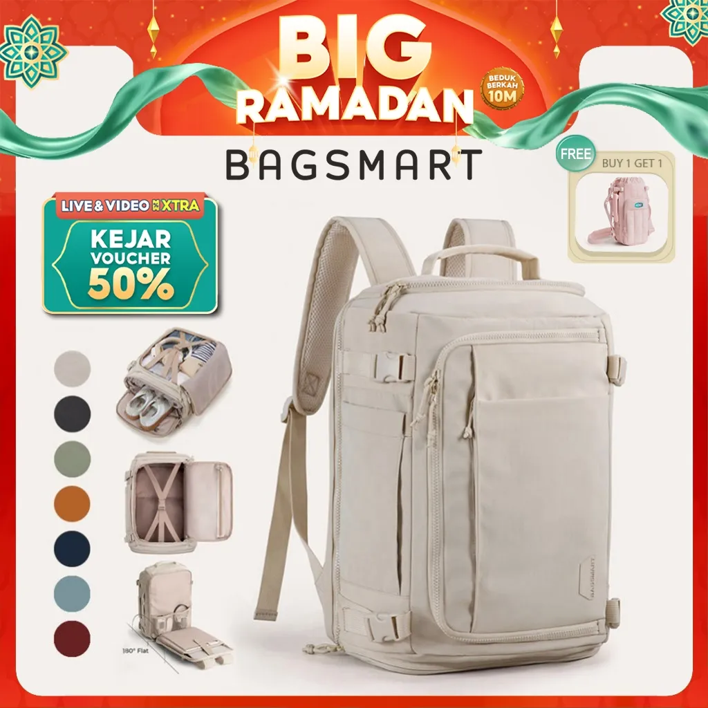 BAGSMART Travel Backpack Tas 38L 15.6Inch Laptop Waterproof Carry On Daypack Travel Duffel Bag