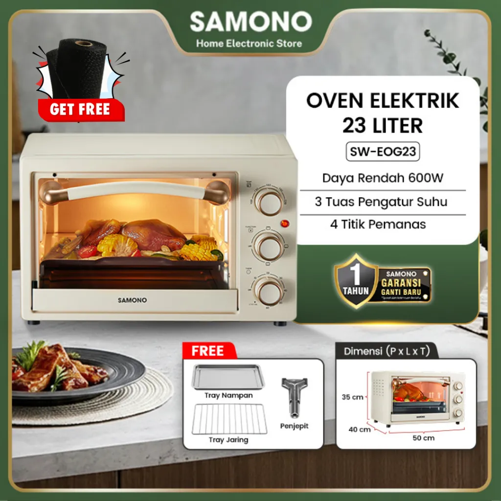 SAMONO Oven Listrik 23L SW-EOG23 Kapasitas Besar Pemanas Atas Bawah Timer 60 Menit Pengatur Suhu 3 Knob Listrik Baking Pizza 9 Inch Kue Snack Ayam Panggang Toaster Desain Kokoh Premium Panas Stabil Matang Merata