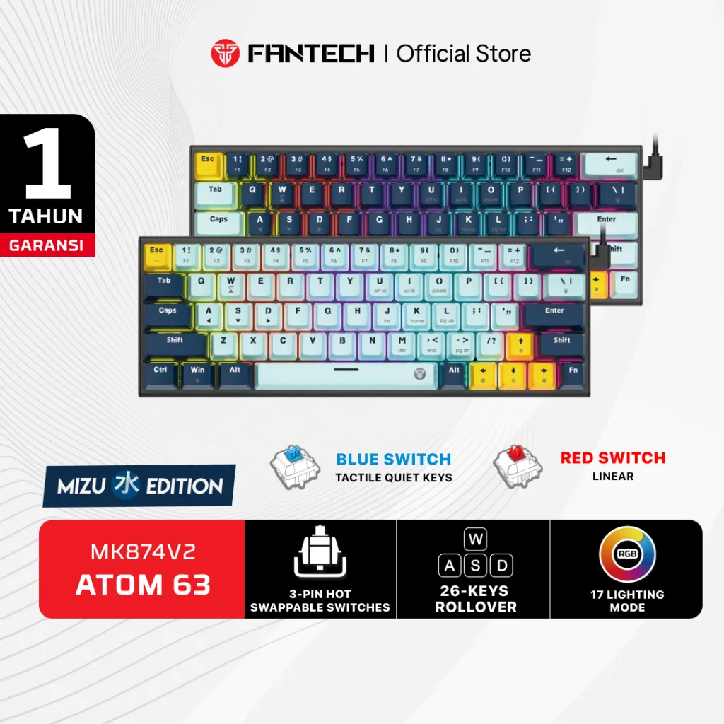 Fantech ATOM MIZU SERIES Keyboard Mechanical Gaming ATOM 63 81 96 Hotswappable 3 Pin