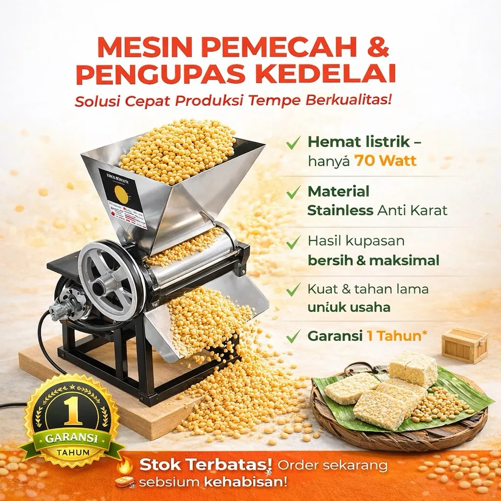 mesin pemecah dan pengupas kedelai untuk tempe