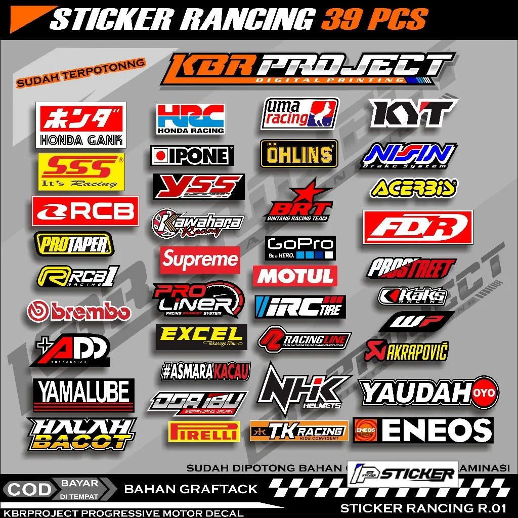 39 Lembar SUDAH PRIN CUT / TINGGAL TEMPEL SUDAH potongan Stiker Motor Sponsor Racing