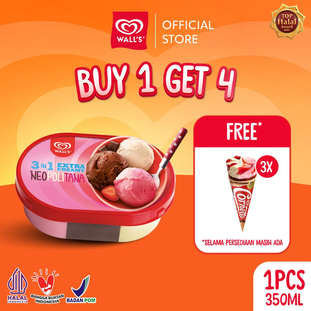 [BUY 1 GET 4] Wall's Tubs Neopolitana 3 in 1 350ml Free 3pcs Cornetto Classic Strawberry 80ml