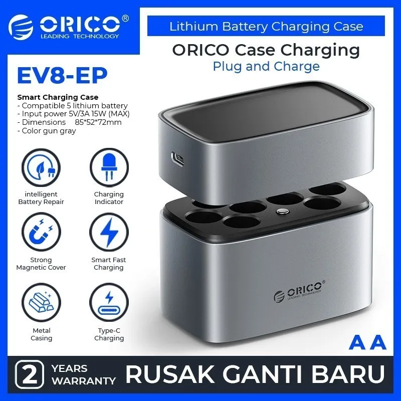 ORICO 8 Slot AA Battery Charger Box 5V 3A Type C Charger for Rechargeable AA Lithium Quick Charge Magnetic Cover LED Display - EV8