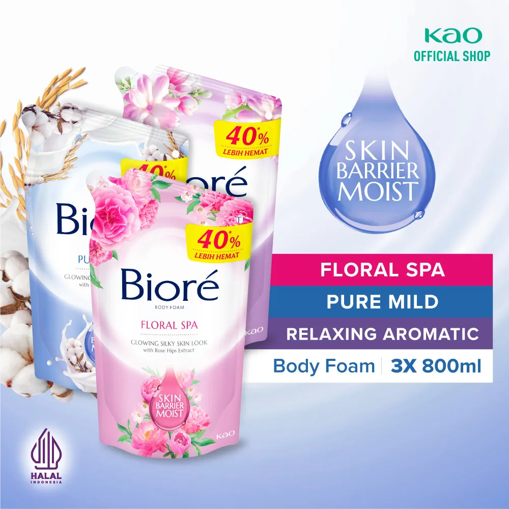 Biore Body Foam Sabun Mandi Pure Mild 800ml + Relaxing Aromatic 800ml + Floral Spa 800ml Pouch