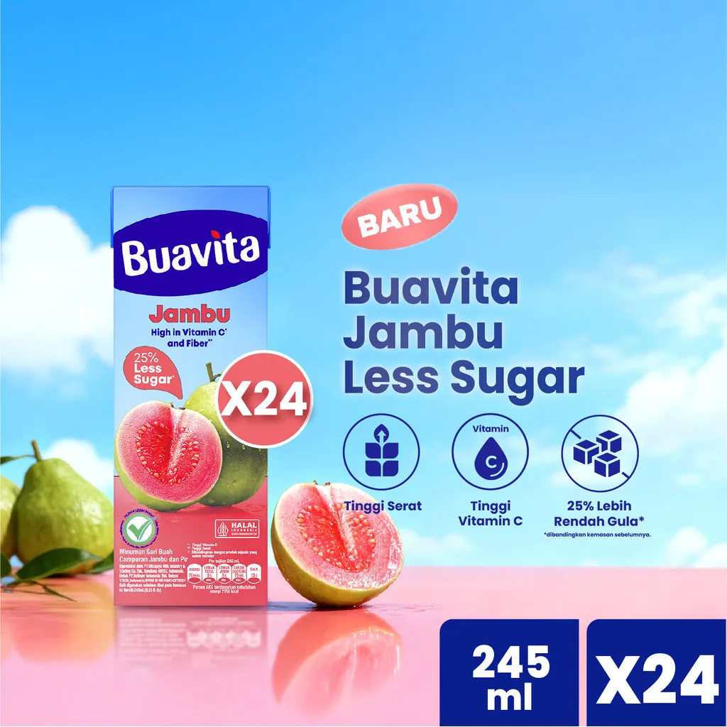 BUAVITA GUAVA Jus Buah Jambu 245ml - Minuman Kaya Vitamin C, 25% Lebih Rendah Gula, dan Tinggi Serat x24