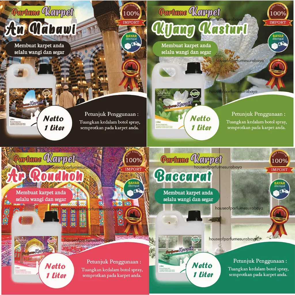 Parfum Karpet Aroma MASJID NABAWI , AR ROUDHOH ,Kijang kasturi | pengharum karpet Kemasan 1 liter | Parfum Karpet Wangi dan Awet | Pewangi Karpet Non ALKOHOL | pewangi karpet masjid