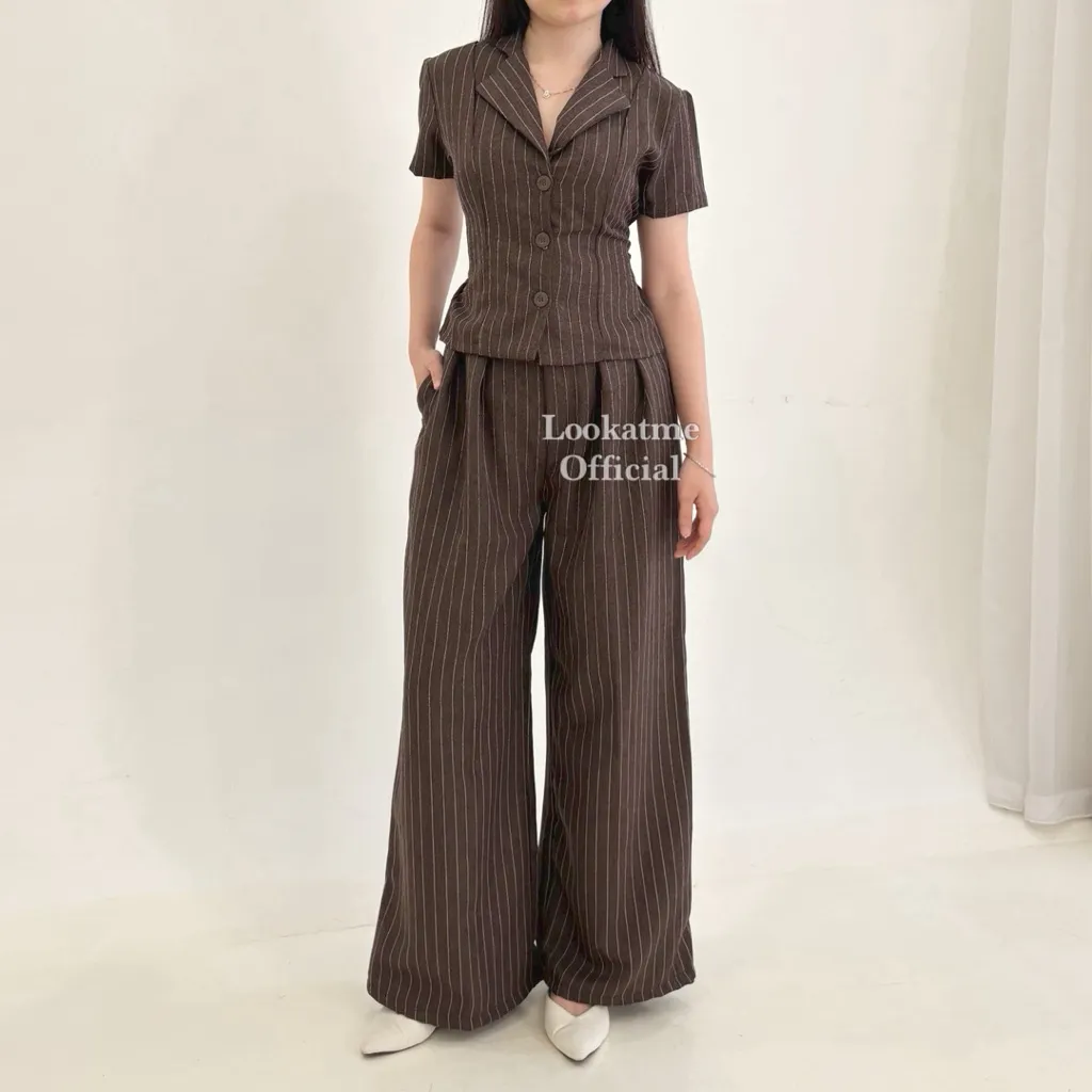 NEW YORK SET - Setelan One Set Wanita Atasan Celana Kulot Salur Stripe Formal Look Classy Elegan Fitted Body