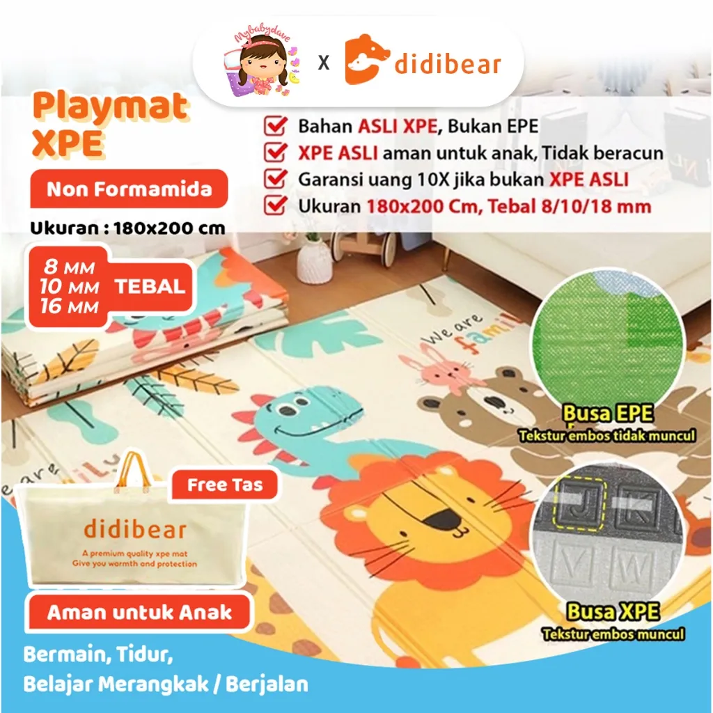 SNI Karpet Lipat Anak Playmat Bayi 200x180cm Tebal XPE Matras Anak Playmate Baby Kado Lahiran Anak Didibear