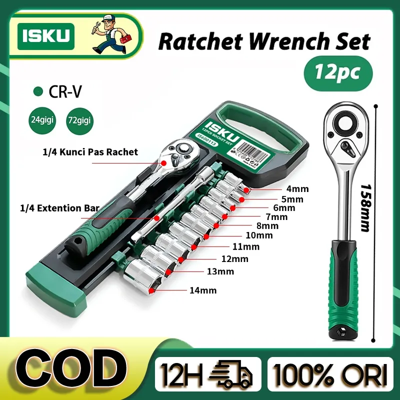 ISKU Kunci Shock Set 12 PCS CR-V Kunci Sok Wrench 1/2" Rachet alat perkakas Mobil Dan Motor 1 Set