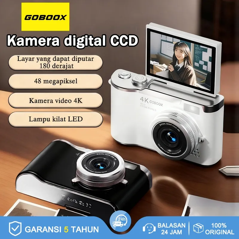 GOBOOX Layar Balik Digicam 48MP 8X Zoom Kamera Digital Mini 4K Vlog With Lampu Kilat Anti Goyang Filter Puzzle Games LCD 2,4 Inci Kamera Pocket (Free：16G*1 Card Reader*1 Adaptor*1 Stiker*2 Tali*1)