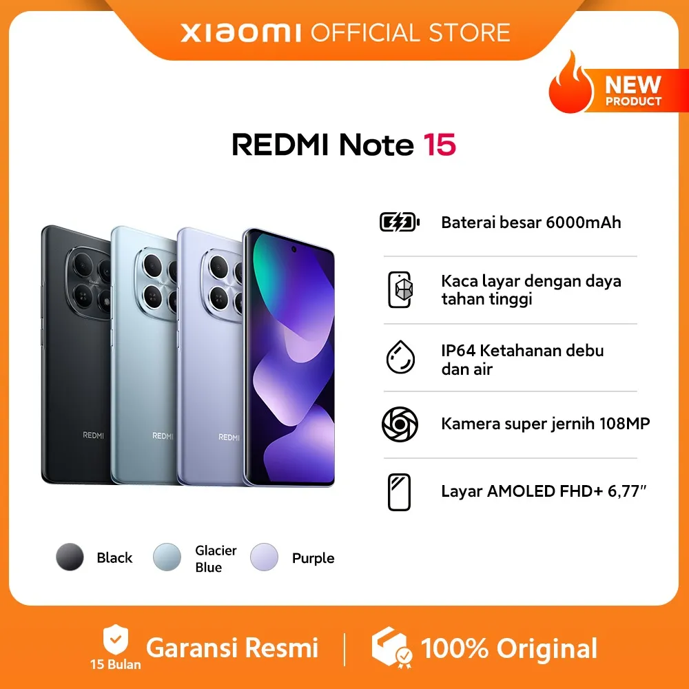 Xiaomi Redmi Note 15 (6/128 GB) (8/128 GB) (8/256 GB) | Baterai besar 6000mAh | Kaca layar dengan daya tahan tinggi | IP64 Ketahanan debu dan air | Kamera super jernih 108MP | Layar AMOLED FHD+ 6,77" | NFC [Xiaomi Official Store]