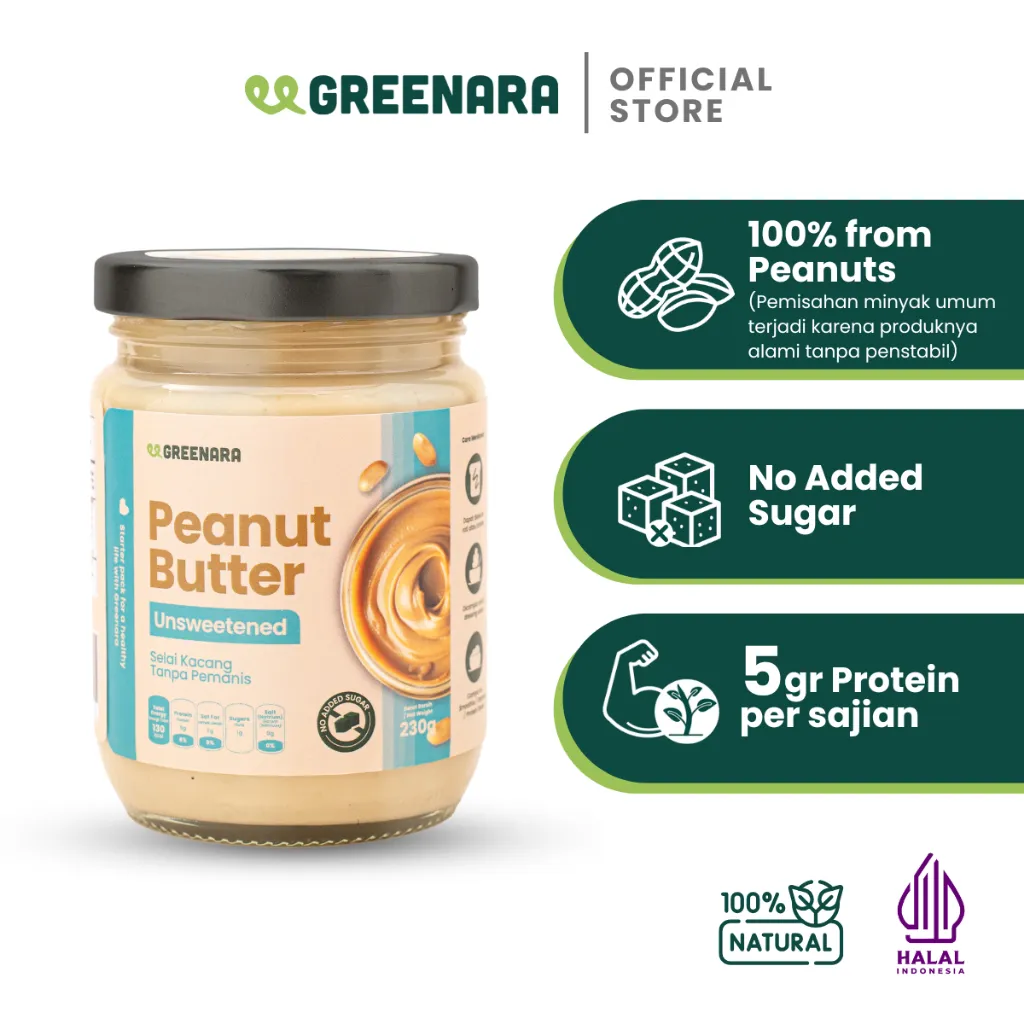 Greenara Unsweetened (Original) Peanut Butter 230gr Low Calorie (112cal/serv) / Selai Kacang Tanpa Gula