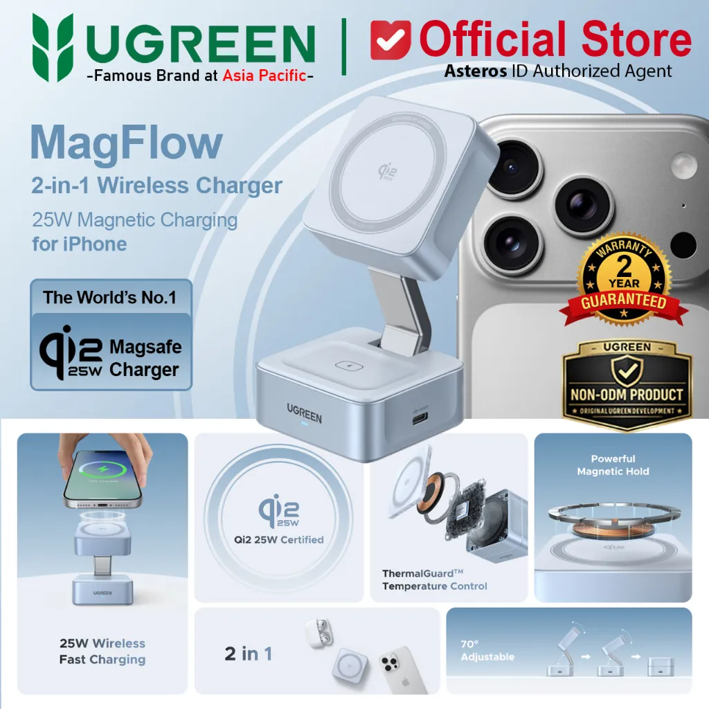UGREEN Magsafe Qi2.2 MagFlow 2in1 Wireless Charger Stand Magnetic Fast Charging 25W For iPhone Airpods & Iwatch