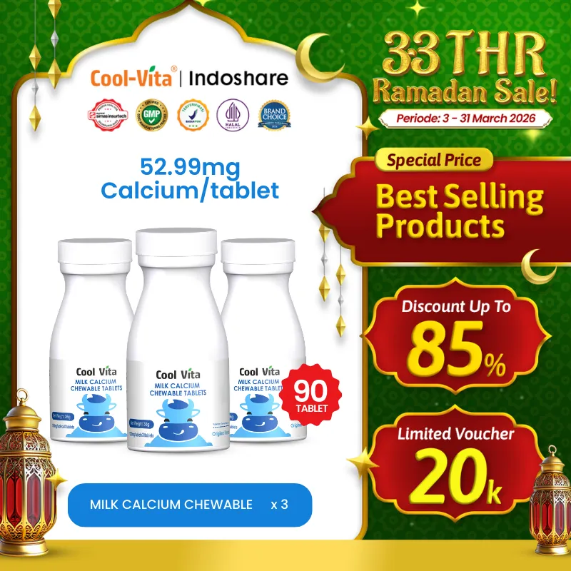 Coolvita 3 Botol Calcium Chewable - Tablet Kunyah Suplemen Kalsium dengan Susu New Zealand untuk Kebutuhan Kalsium Harian, Memperkuat Tulang, Otot dan Gigi - Original dan BPOM