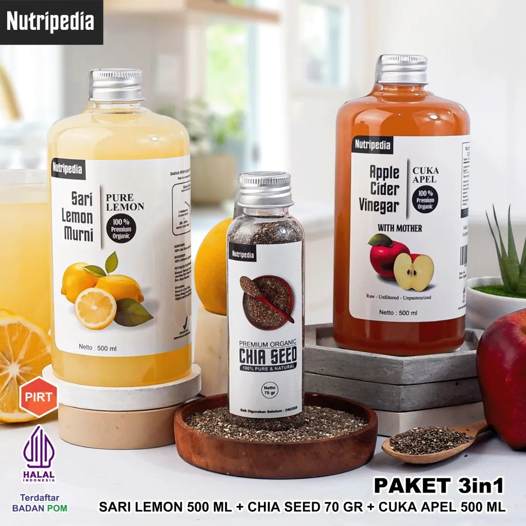 Nutripedia - Paket Diet Sehat 3in1 Bundle Cuka Apel 500ml, Sari Lemon 500ml, Chia Seed 70Gr