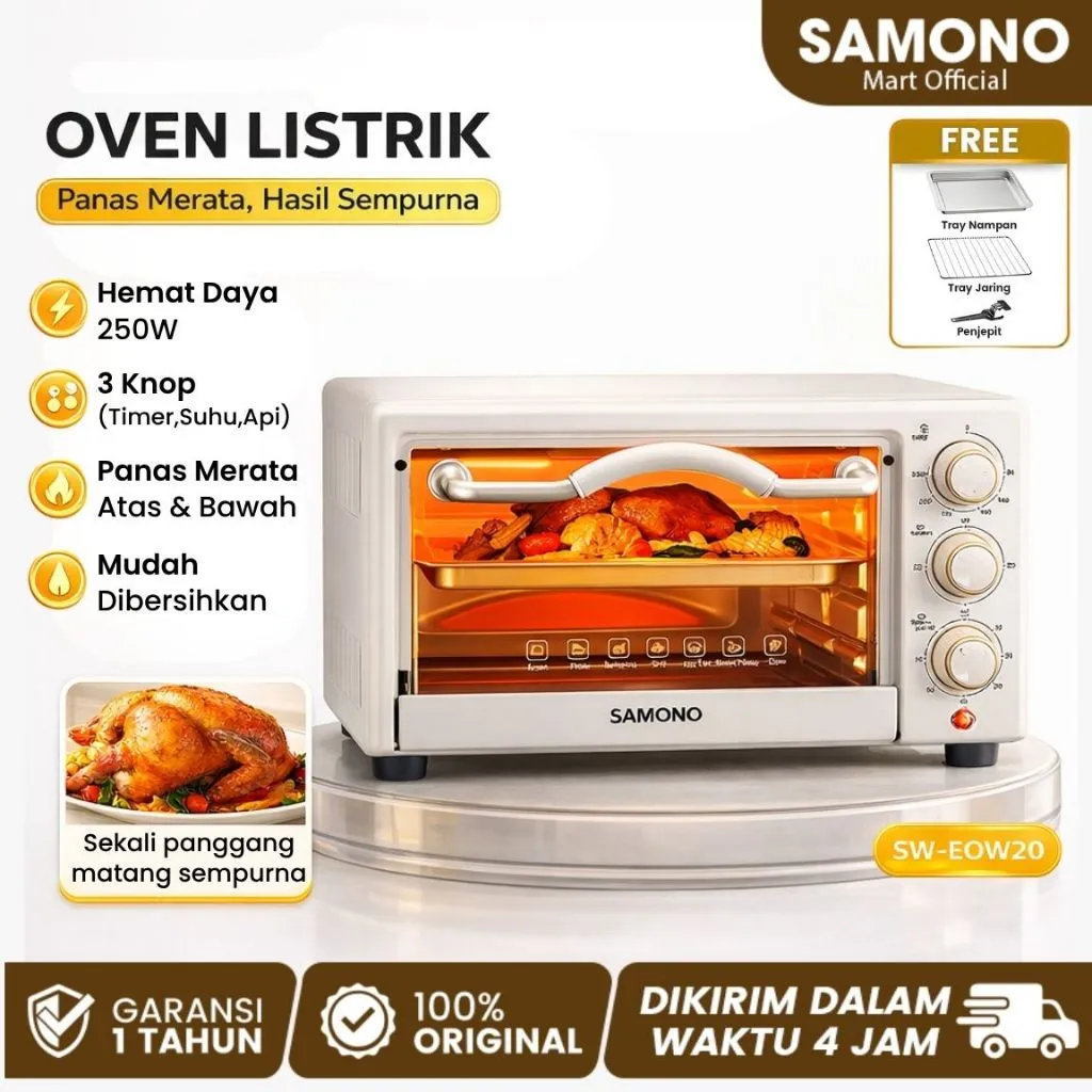 SAMONO Oven Listrik Low Watt 20 Liter Elektrik 3 Knob Control Api Atas Bawah Pemanasan Merata SW-EOW20 Kapasitas Besar Panggang Roti Kue Pizza Desain Kokoh Kaca
