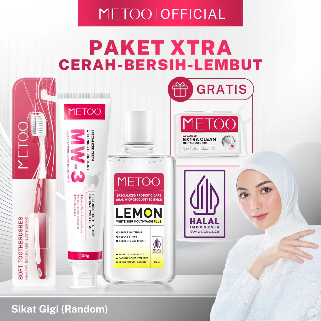 [PAKET XTRA] METOO Advanced Extra Clean/Extra Soft/Gigi Cerah/Bebas Karang Gigi/Cegah Bau Mulut /Membersihkan Noda Gigi/Ramah Gusi/Membersihkan Sela-sela Gigi/Bahan Food-Grade/Tooth Paste 100gr/Lemon Mouthwash 250ml/Sikat Gigi Soft/Dental Floss 30pcs
