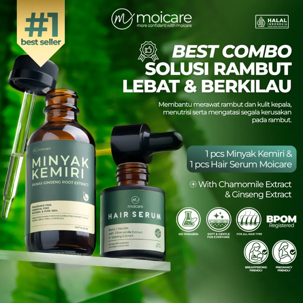MOICARE 2 PCS PAKET Hair Serum & Minyak Kemiri Penumbuh Pelebat Rambut Hitam | Paket hair growth | Penumbuh rambut ampuh BPOM | Serum minyak kemiri | Hair Serum Keratin with chammomile & ginseng extract