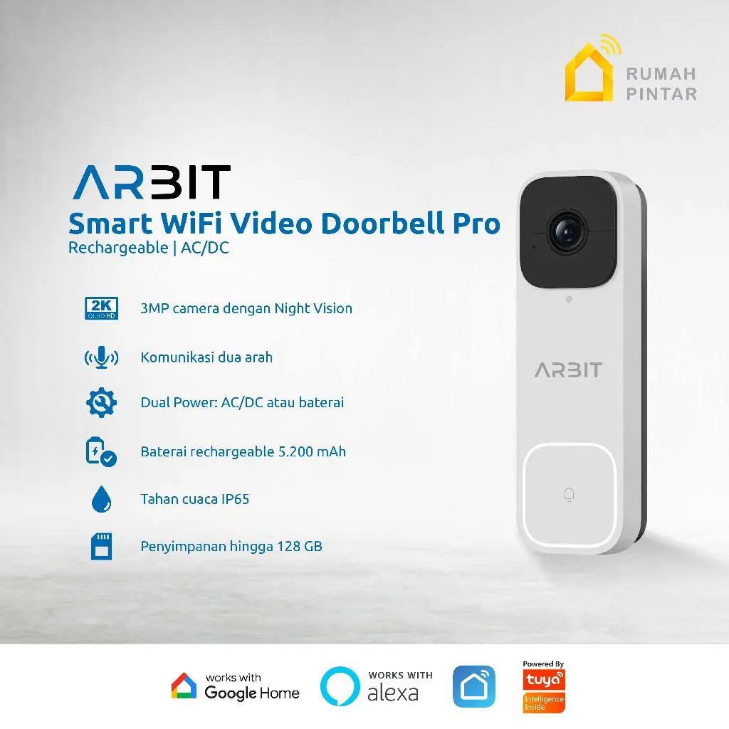 ARBIT WiFi Video Doorbell Pintar Waterproof Tahan Air IP65 3MP 2048p + Chime + Smart Home Pro White Rechargeable two way communication Bell Baterai Kabel Set Tuya AC/DC