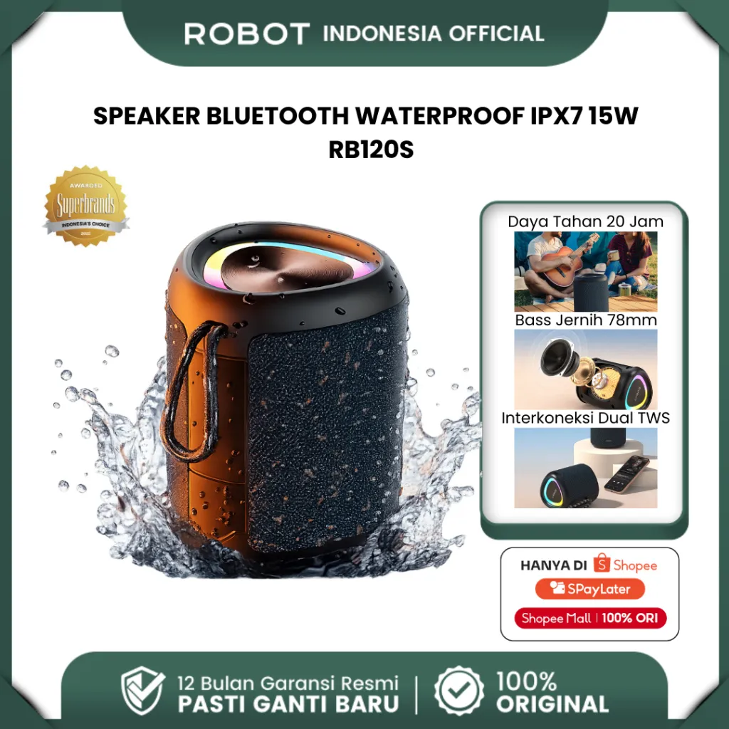ROBOT Speaker Bluetooth 15W  IPX7 Waterproof Super Bass 78mm RGB Light Speaker Portabel Bluetooth 5.3 Original - RB120S