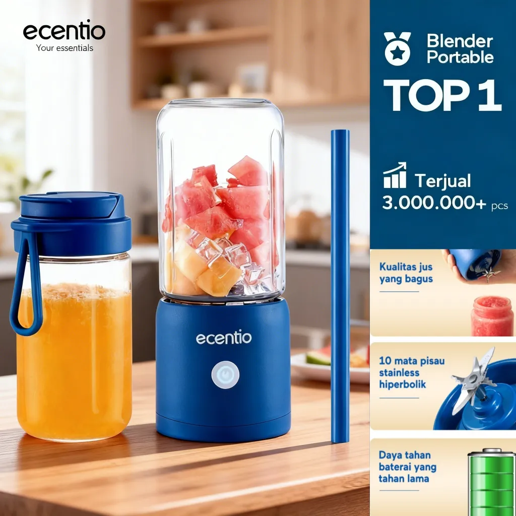 ecentio juicer blender 10 pisau juicer Kaca Tebal 2 Cup mini portable dengan sedotan 380ml+380ml