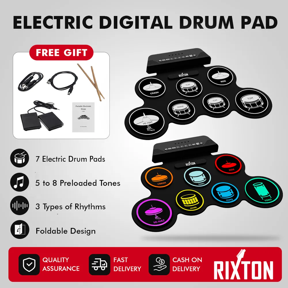 RIXTON Drum Elektronik Portabel Digital USB 7 Bantalan Roll up Drum Set Silicone Electric Drum Pad Kit