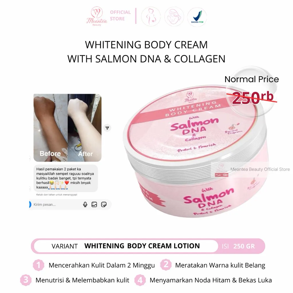 Meantea Beauty - Body Cream Lotion Pemutih Badan 250gr DNA Salmon | 10x Extra Whitening BPOM