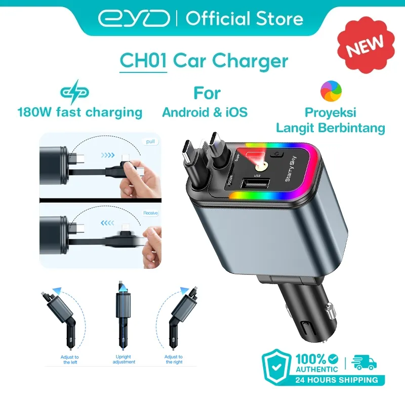 EYD Car Charger 180W Mobil Fast Charging Type C & Lightning Dual Retractable 80cm Cable USB-C & USB-A Port Car Fast Charging 4-in-1 CH01