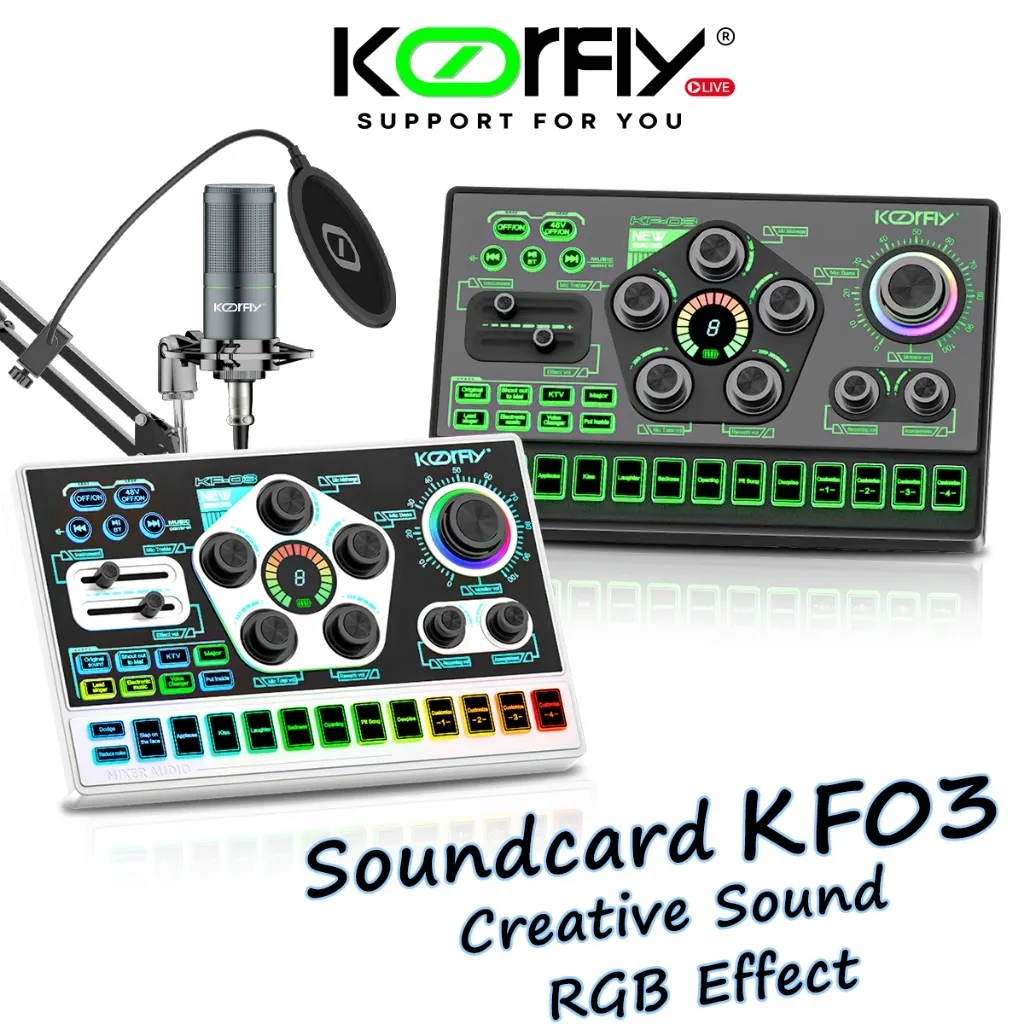 Hadiah Gratis-Promo Hebat-Koorfly Kf03 Desain RGB Terbaru Live Soundcard 48V Recording Live Mixer - 12 Efek RGB/ 4 DIY Efek Suara/ Untuk Alat Musik Berbagai Macam Mikrofon Audio Live stream Karaoke Sound card