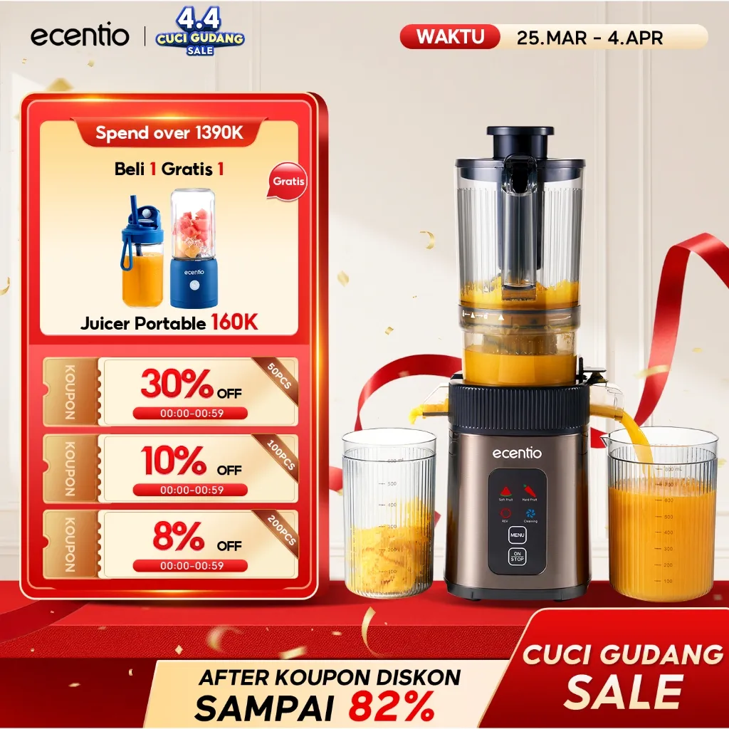 ecentio Smart Slow Juicer 1000ml Besar Cerdas Panel Sentuh Lubang 112mm 99% Ekstraksi Juicer Buah Tanpa Ampas Multifungsi Garansi Resmi 1 Tahun