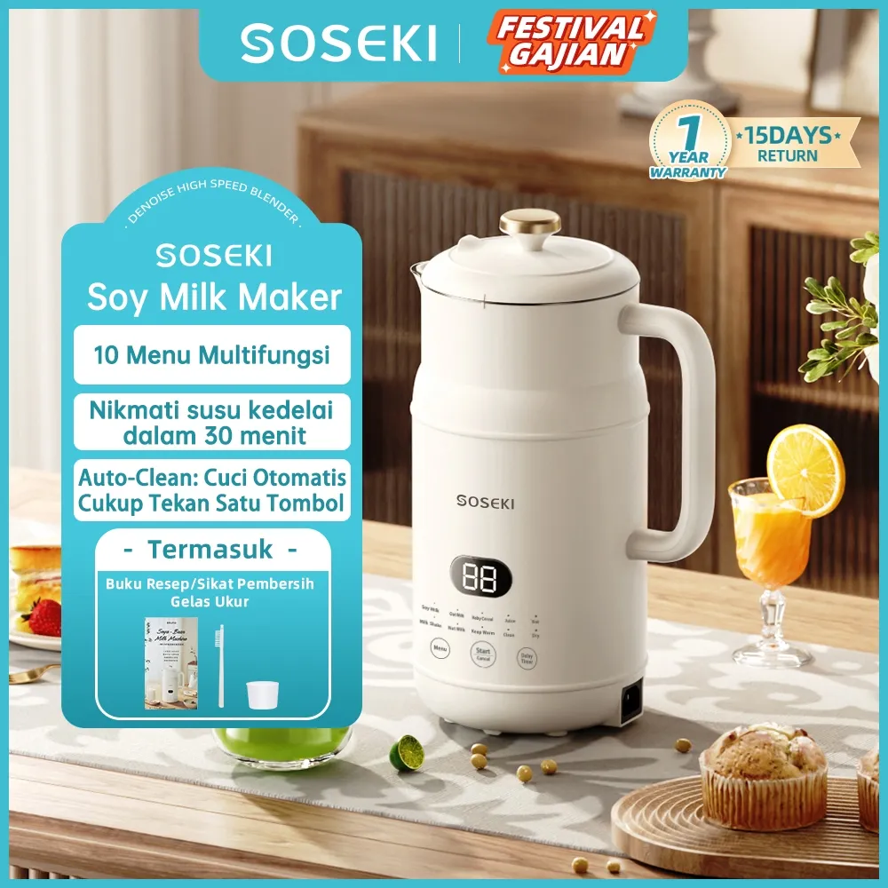 SOSEKI Mesin Susu Kedelai 0.6–1L Soy Milk Maker 8–10 Menu Digital Blender Pemanas Multifungsi
