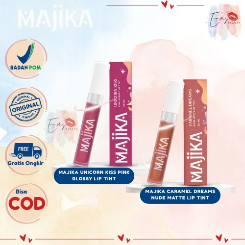 MAJIKA Matte+Glossy Lip Tint | 3 ML | Tahan Lama | Transferproof | Caramel Dreams + Unicorn Kiss