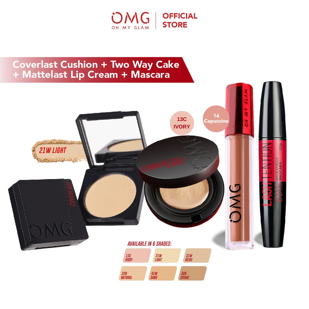 OMG Oh My Glam Complete Makeup Look Set : Cushion  + Two Way Cake + Lip Cream + Mascara