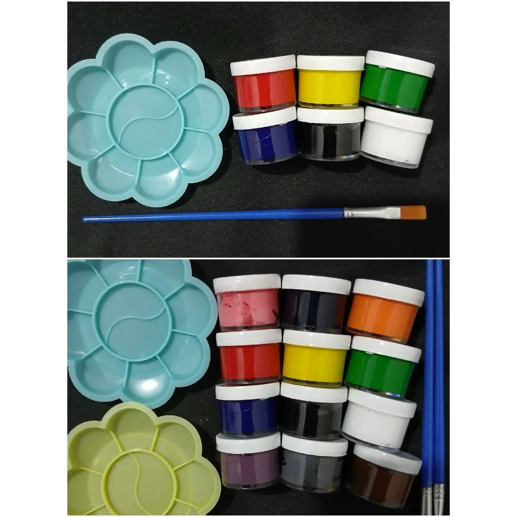 Paket Isi PALET, CAT LUKIS ACRYLIC 10 ML 6 dan 12 warna FREE KUAS ( PROMO PEMBELIAN 10 PAKET FREE GAMBAR 2000 - 3000 GAMBAR )