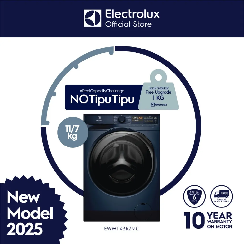 Electrolux Mesin Cuci Pengering Front Loading 11/7kg - Inverter - Menghilangkan 53 Noda - IntelliQuick - Menghilangkan Alergi & Bakteri 99,99% - Dryer - Garansi  10 Tahun Motor - EWW1143R7MC