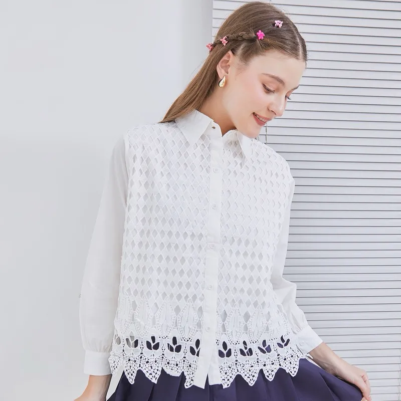 [ Senchi ] - Sumiko Brocade Lace Shirt / Atasan Kemeja Brokat Brukat / Atasan Kemeja Renda Wanita / Kemeja Katun Kombinasi Brokat