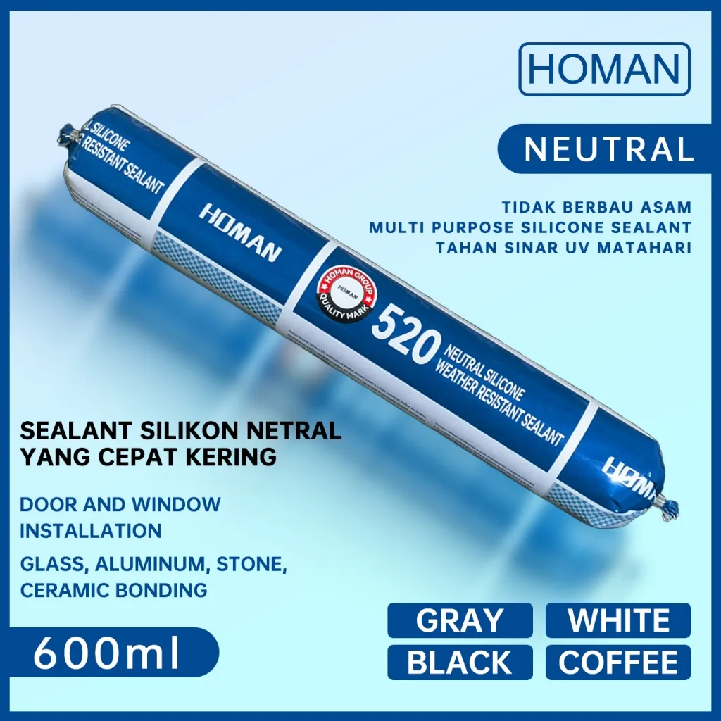 Lem Kaca Silicone Sealant Netral Homan 600ml putih/hitam/coffee/Gray
