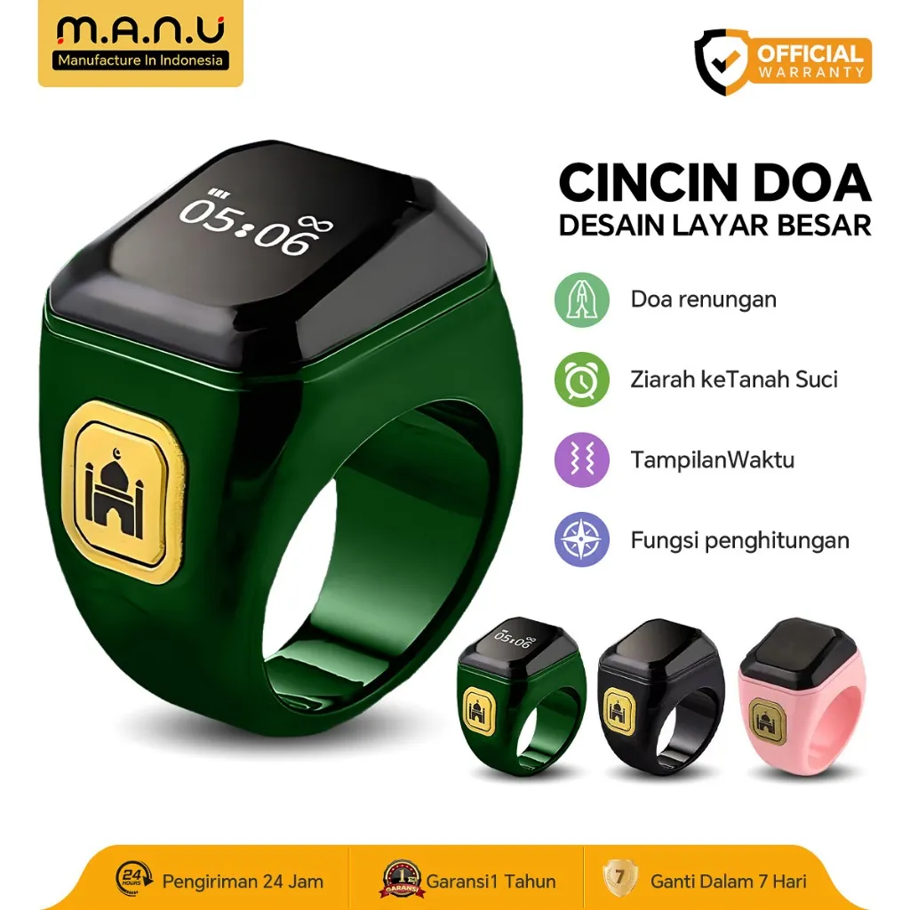 Manu Smart Ring Muslim Cincin Pintar Penghitung Dzikir & Waktu Sholat - Bluetooth, Layar OLED, Pengingat Kiblat, Baterai Tahan Lama Digital Tasbeeh--24 Bulan Garansi