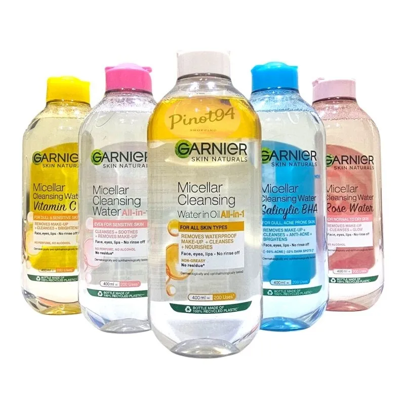Garnier Micellar Water 400ml / Pink Biru Kuning Biphase Oil Infused Rose Vit C 400ml Pembersih Makeup