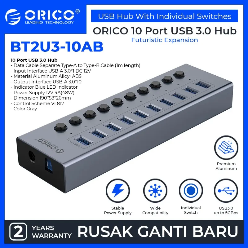 ORICO 10 port USB Hub With Individual Switches - BT2U3-10AB