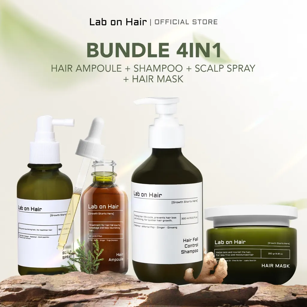 Lab on Hair Bundle 4in1 Shampoo + Ampoule + Scalp Spray + Hair Mask - Paket Lengkap Perawatan Rambut Untuk Menjaga Kesehatan Kulit Kepala dan Menguatkan Rambut Merawat Kesuburan Mempercepat Pertumbuhan Rambut Hair Serum Hair Ampoule Serum