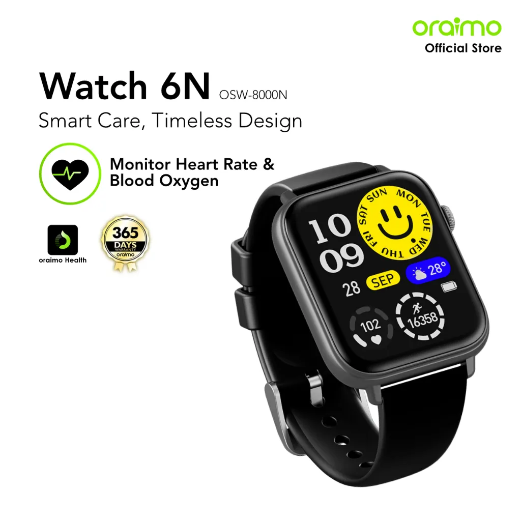 oraimo Smartwatch Watch 6N OSW-8000N Jam Tangan Pintar AI 1.83" TFT Full Colour Touch Screen IP68 Waterproof With Blood Oxygen and Heart Rate Monitor 100+ Sports Mode