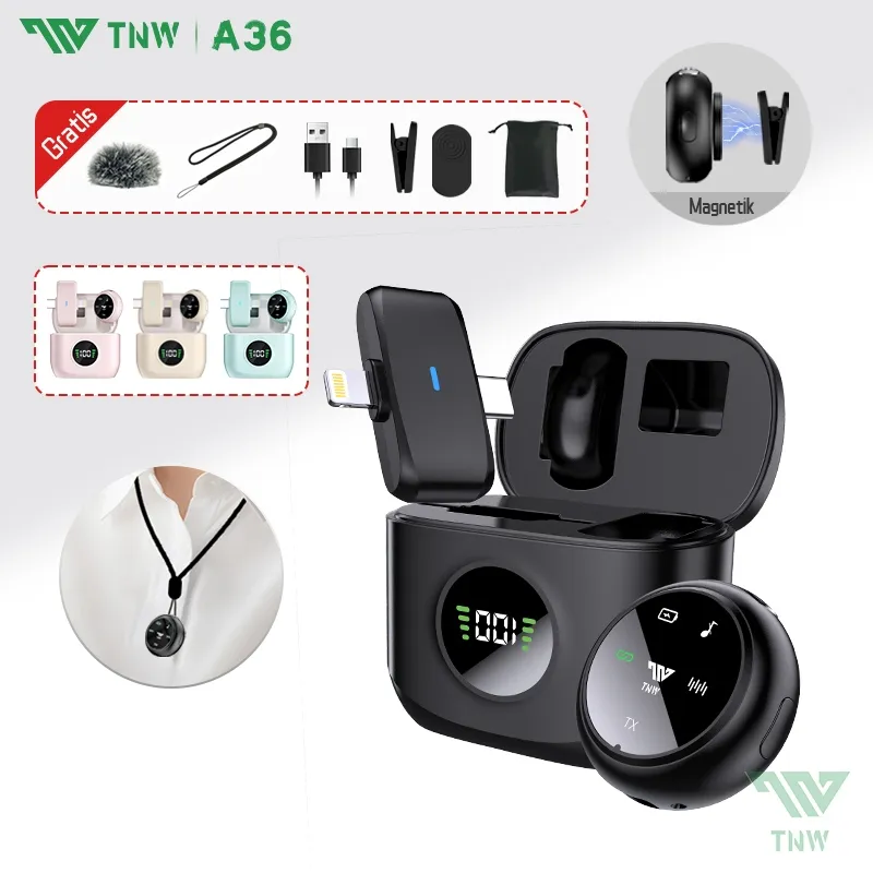 TNW A36 Wireless Microphone A37 2-In-1 Magnetic Clip On Mic Wireless Lavalier Mikrofon HP Plug & Play Lavalier Mikrofon Dan Charging Case Mic Wireless for Youtuber Vlog Tiktok Live Streaming
