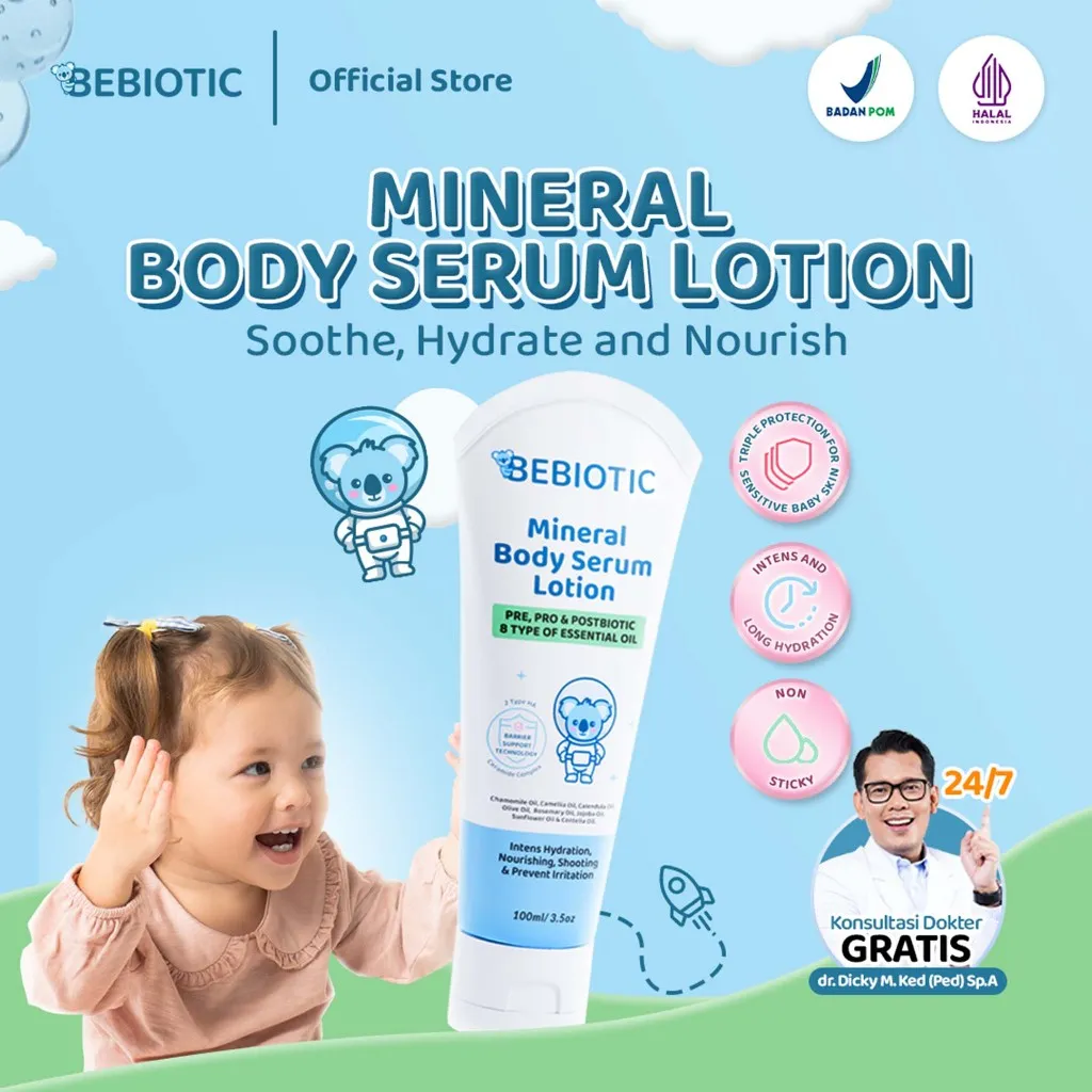 Bebiotic Mineral Body Serum Lotion 100Ml - Hand Body Lotion Bayi Prebiotic Probiotic Postbiotic Esential Oil Skin Barier Melembabkan Mencegah Iritasi Kulit