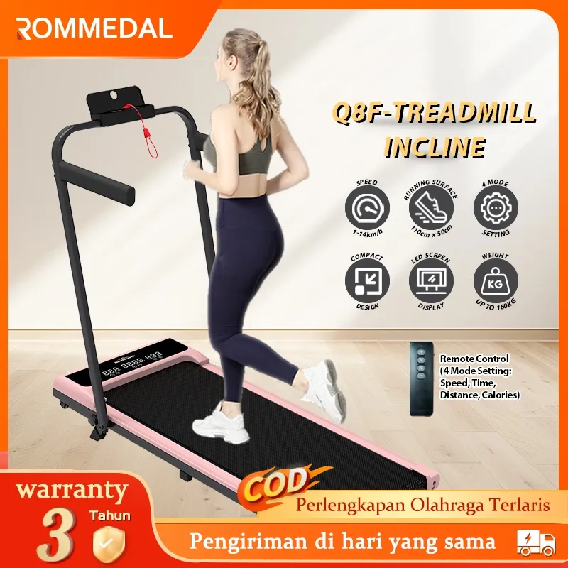 rommedal Treadmill Lipat 1-16km/jam 160kg Treadmill Elektrik Lipat Running Mat Alat FitnessMallORIRumahTreadmill Listrik Portable untuk Jogging & Fitness