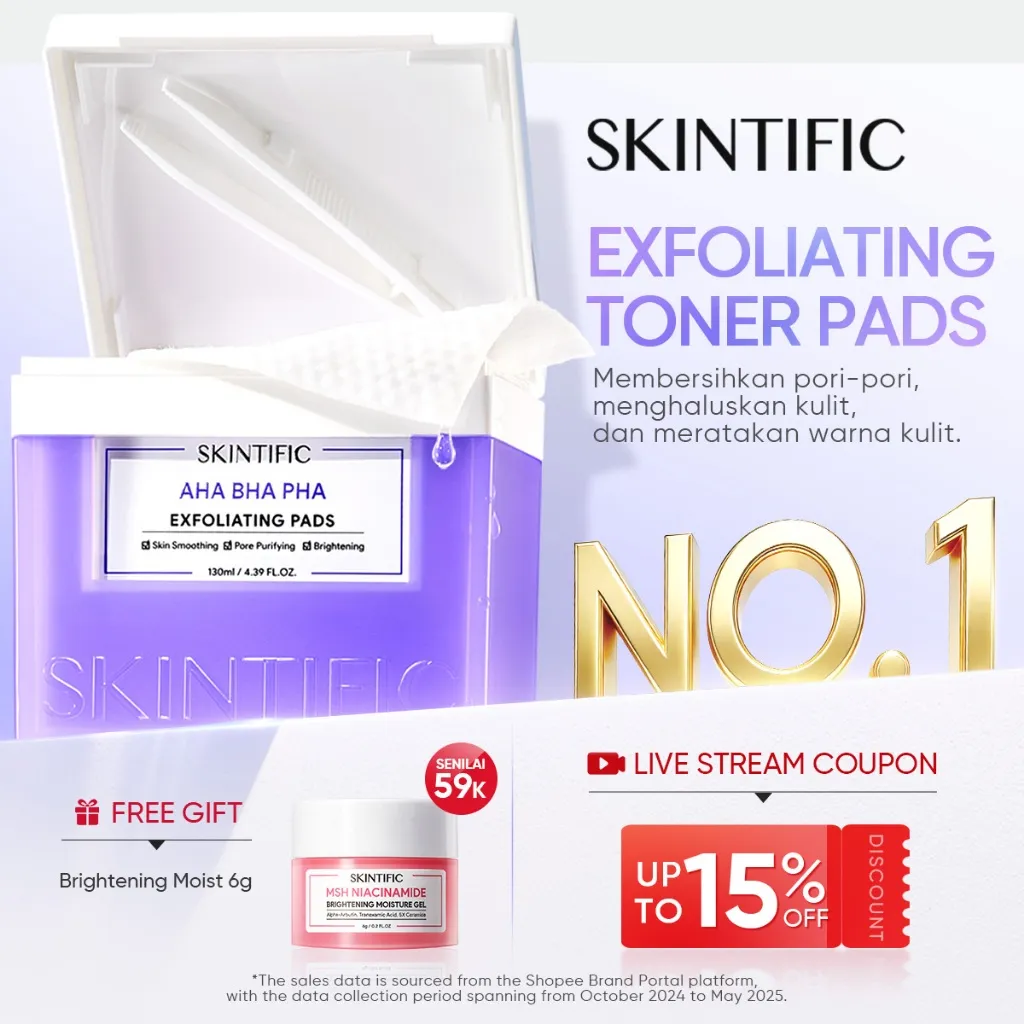 SKINTIFIC - Exfoliating Toner Pads | Pore Clean Clear Acne Blackheads Gentle Lebih Halus Exfoliasi Wajah Peeling Solution Skin Brightening Smooth Soothe Niacinamide Whitening AHA BHA PHA Acid Pencabut Komedo Fade Dark Spots Acne Scars Clear Hydration pads
