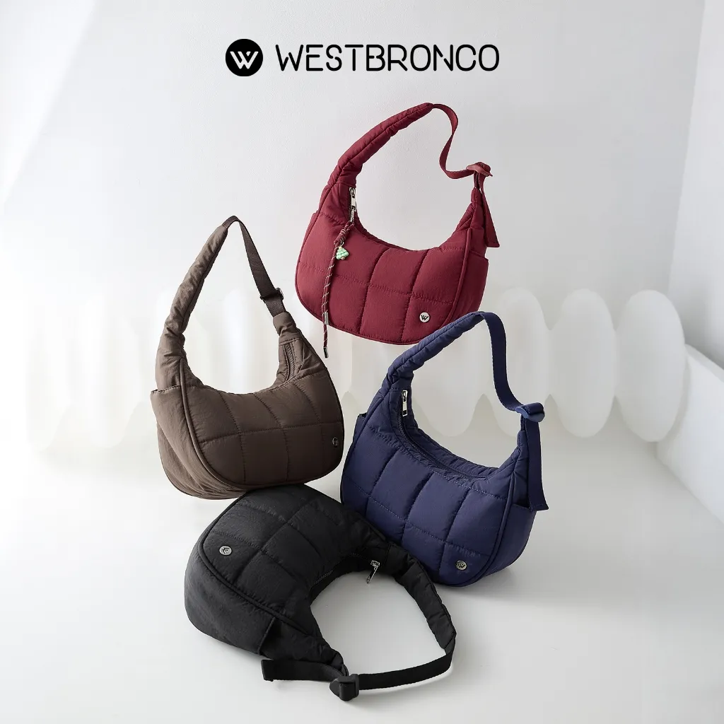 WESTBRONCO [PUFFER MOONIE BAG] Tas puffer wanita berbahan nilo, Dengan tali adjustable, Tas bahu kecil