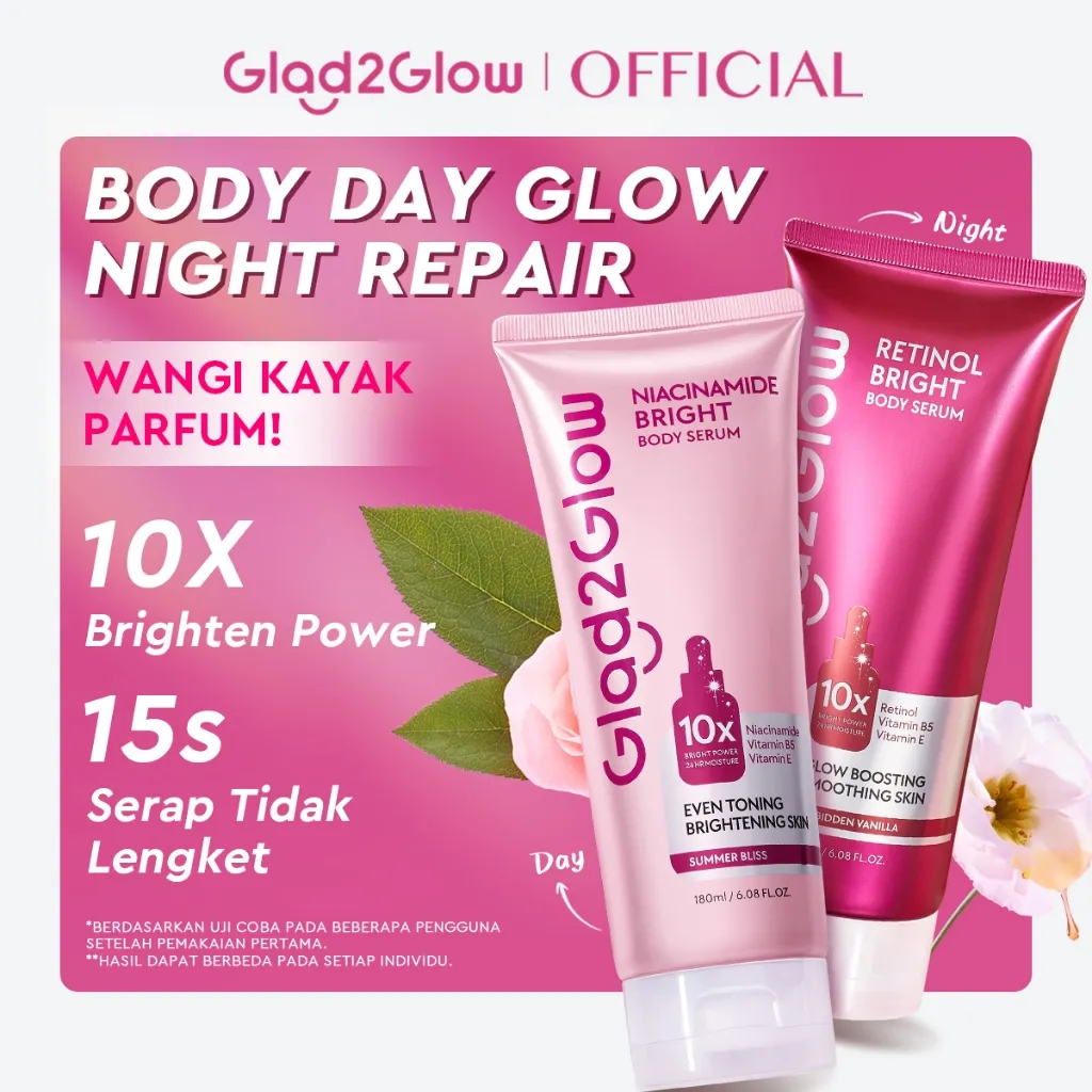 [ New Launch ] Glad2Glow Retinol/Niacinamide Bright Body Serum Body Lotion 10X Cerah Instant Absorb Whiten Tone Up All Day Bright Glow pemutih badan dengan parfum tahan lama Long Lasting Fragrance Body Cream Butter G2Glow Official Store